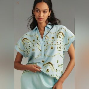 Maeve Short-Sleeve Boxy Eyelet Popover Blouse Anthropologie